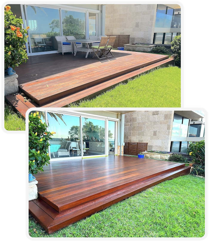 Beachside merbau deck showing overlapping before & after images. The first shows a dull faded looking deck and the second is the same deck refinished by Deckfix which looks like new.